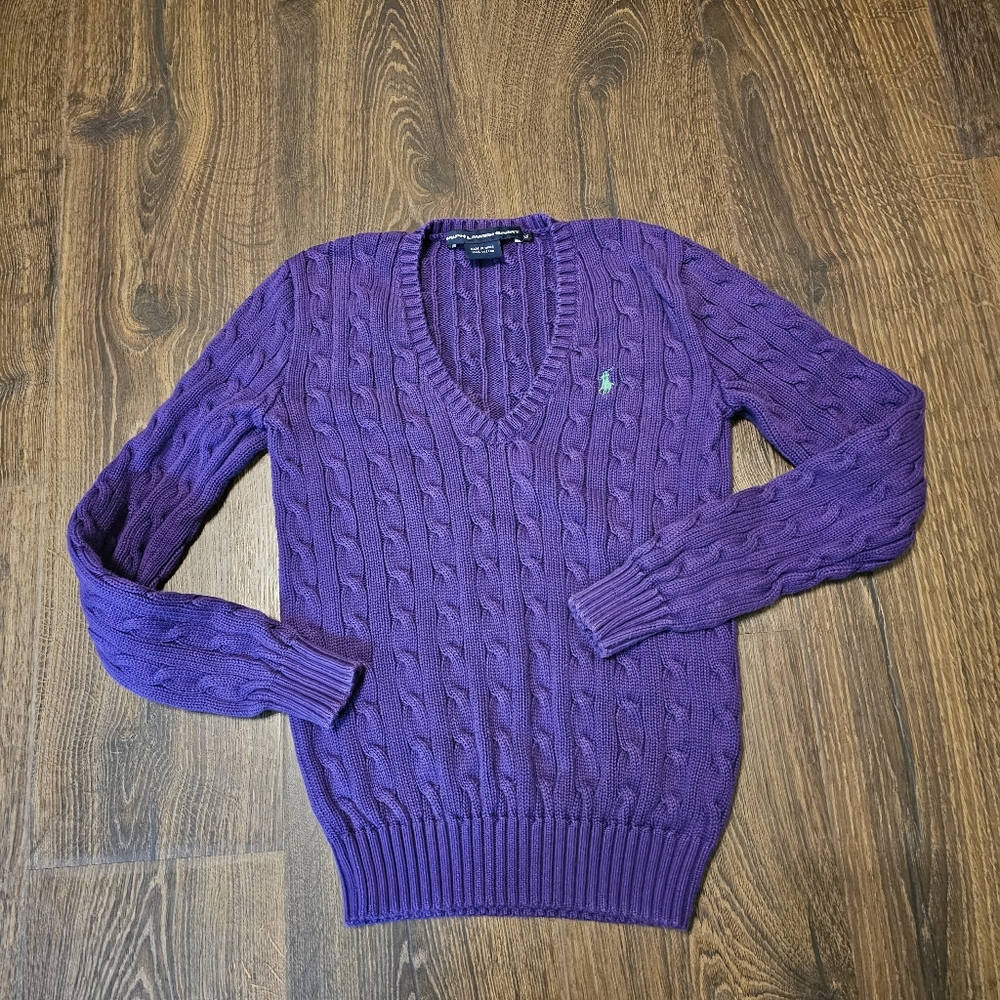 Ralph Lauren Sport Girls XS Sweater Cable Knit Purple V Neck Pullover Logo